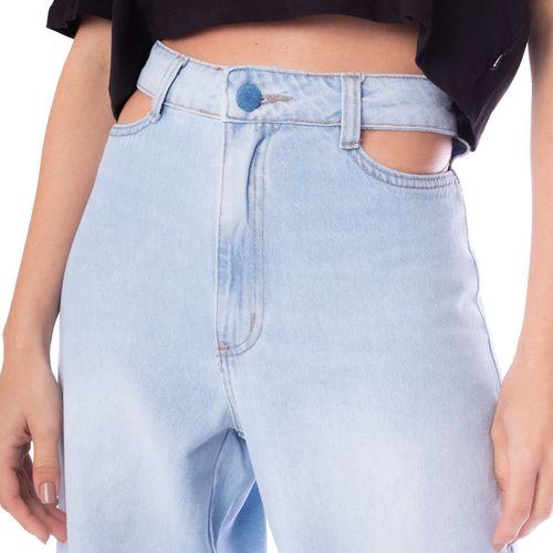 Calça Jeans Feminina Optimist Wide Leg com Bolsos Vazados Azul Claro
