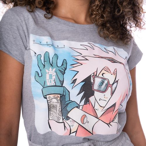 Baby Look Feminina Over Surf Anime Cinza