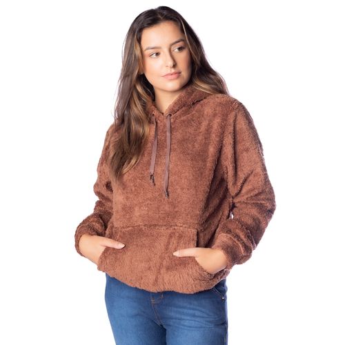 Blusão Feminino Trilhos Urbanos Teddy com Capuz Marrom