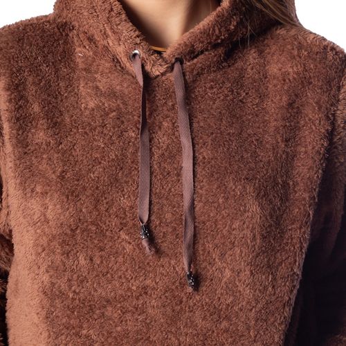 Blusão Feminino Trilhos Urbanos Teddy com Capuz Marrom