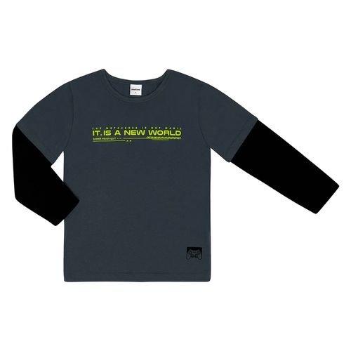 Camiseta Infantil Rovitex New World Manga Longa Cinza Escuro