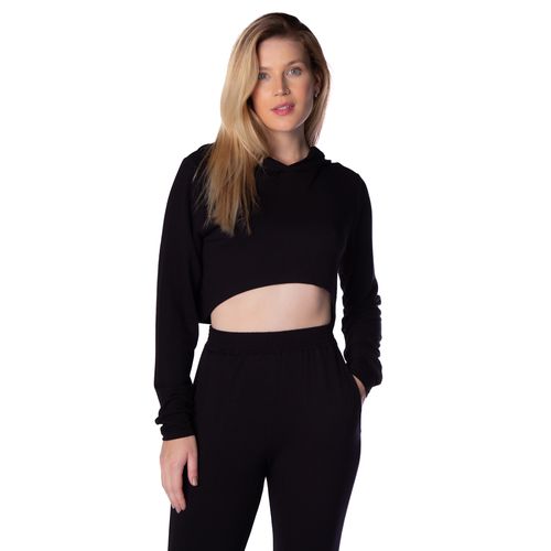 Blusa Cropped Feminina Trilhos Urbanos Em Moletinho com Capuz Preto