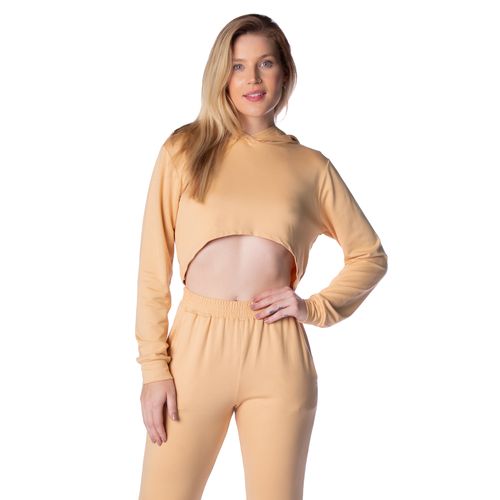Blusa Cropped Feminina Trilhos Urbanos Em Moletinho com Capuz Bege