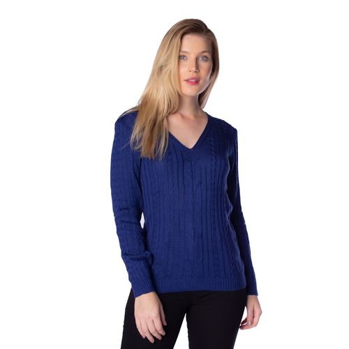 Suéter Feminino Oliveira Malhas em Tricot com Gola V Marinho