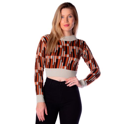 Blusa Cropped Feminina Oliveira Malhas em Tricot Estampada Preto/bege