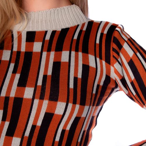 Blusa Cropped Feminina Oliveira Malhas em Tricot Estampada Preto/bege