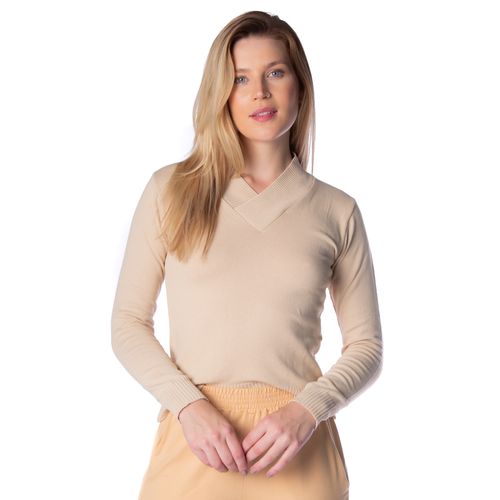 Blusa Básica Feminina Oliveira Malhas em Tricot Gola V Bege