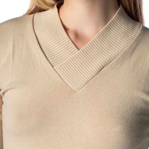 Blusa Básica Feminina Oliveira Malhas em Tricot Gola V Bege