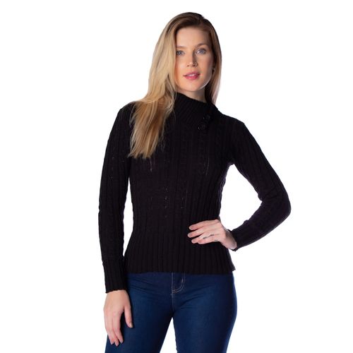 Blusa Feminina Oliveira Malhas em Tricot com Detalhe na Gola Preto