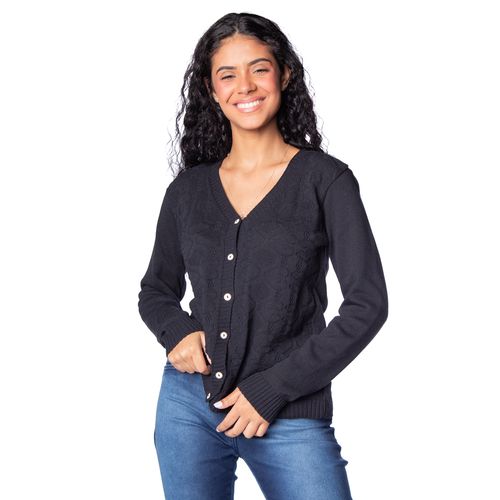 Casaco Feminino Oliveira Malhas em Tricot com Texturas Preto