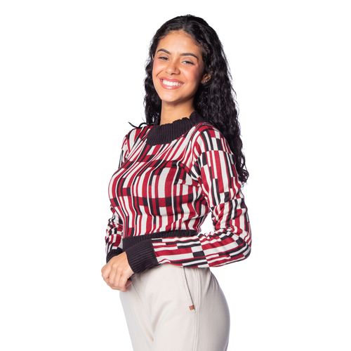 Blusa Cropped Feminina Oliveira Malhas em Tricot Estampada Bege/preto
