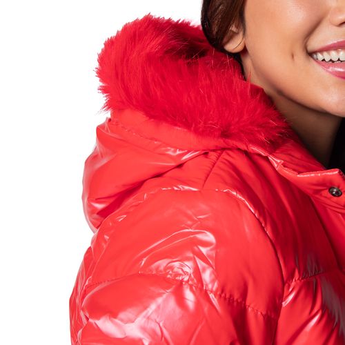 Jaqueta Puffer Feminina Mosaico Metalizada com Capuz Vermelho