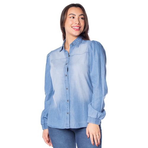 Camisa Jeans Feminina Pitt Manga Princesa Azul