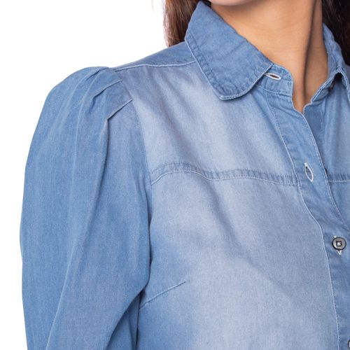 Camisa Jeans Feminina Pitt Manga Princesa Azul