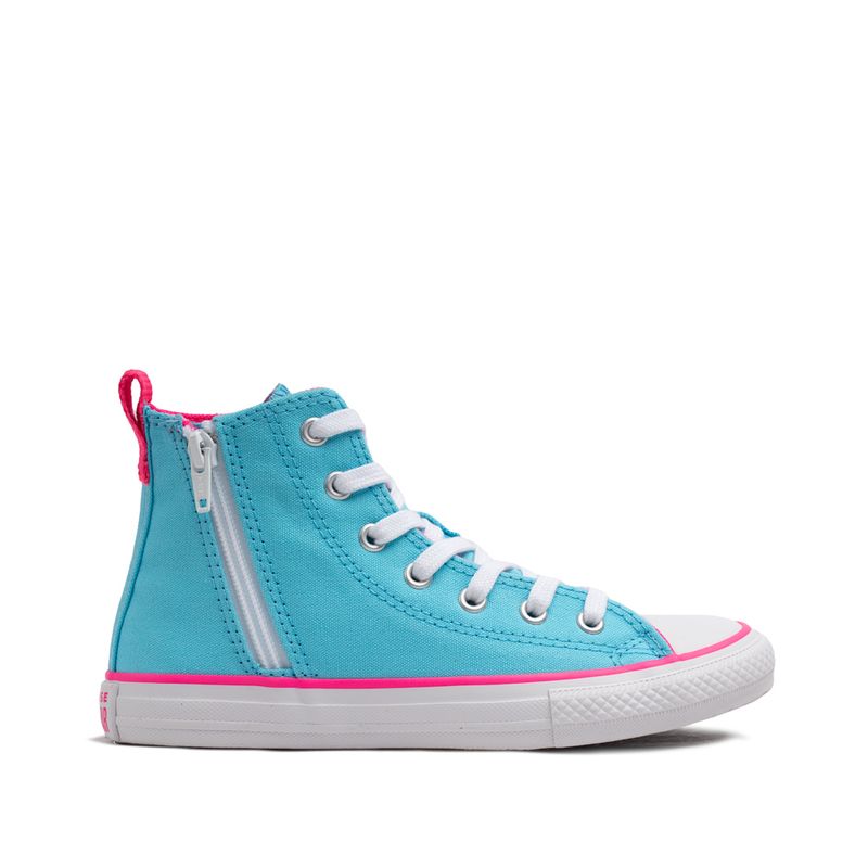 Tênis Infantil Feminino All Star Converse Chuck Taylor com Zíper - Azul  claro/rosa chique/branco - CK09090002