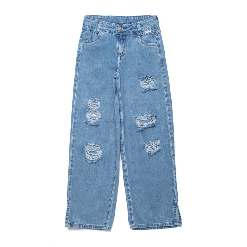 Calça Jeans Infantil Dipopini Wide Leg Destroyed Menina Azul