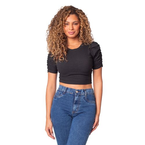 Blusa Cropped Feminina Infinitto Lady com Manga Franzida Preto