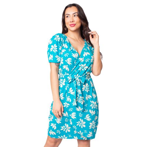Vestido Feminino Infinitto Lady Curto Estampado com Transpasse Azul