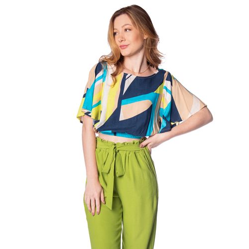 Blusa Cropped Feminina Trilhos Urbanos Estampada Azul