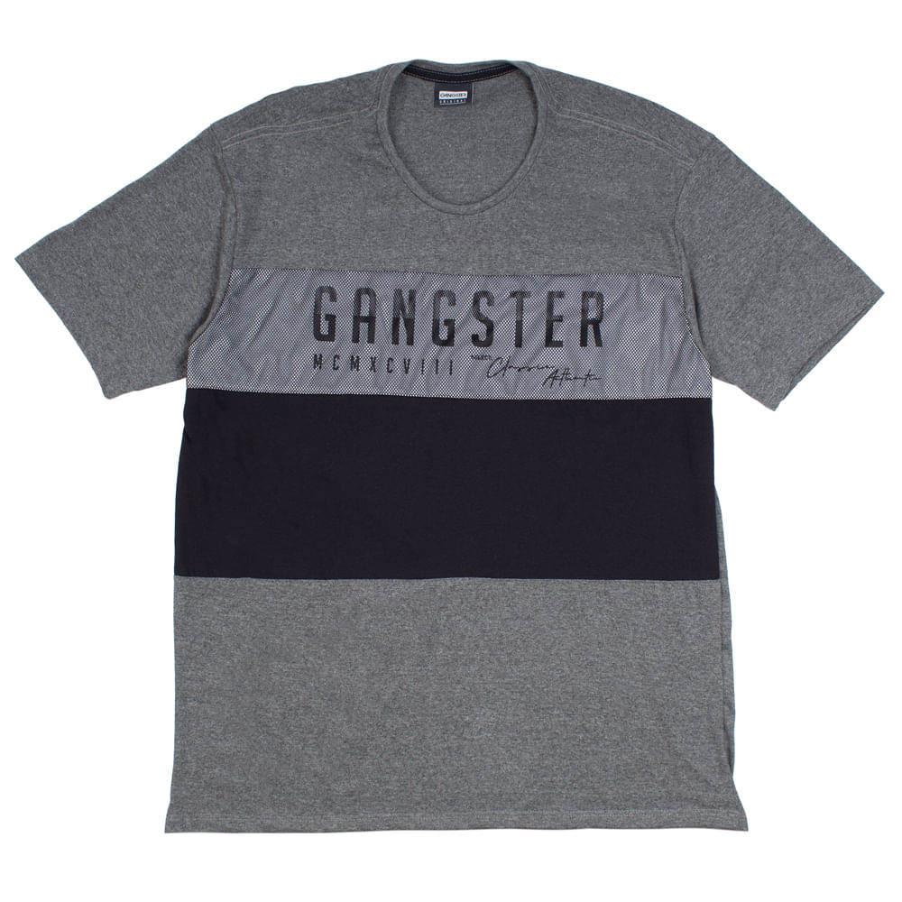 Camiseta Masculina Gangster Plus Size Recortes Cinza/preto