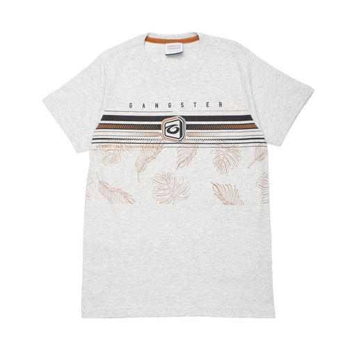 Camiseta Juvenil Gangster Estampa Folhas Cinza