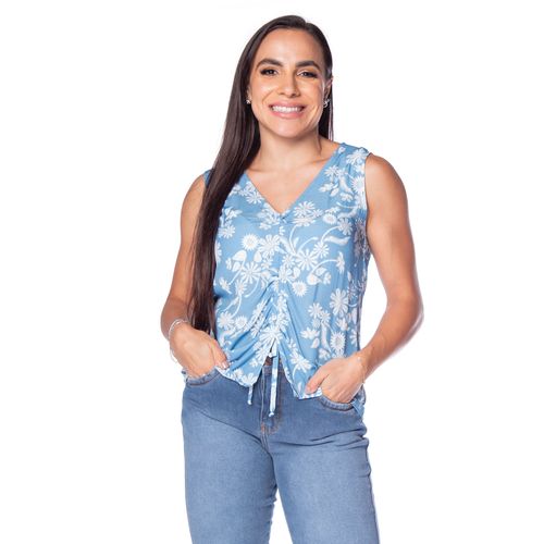 Regata Feminina Averzzy Floral com Franzido Azul