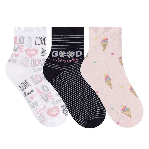 Kit c/3 Pares de Meias Feminina Selene Estampado Branco/rosa