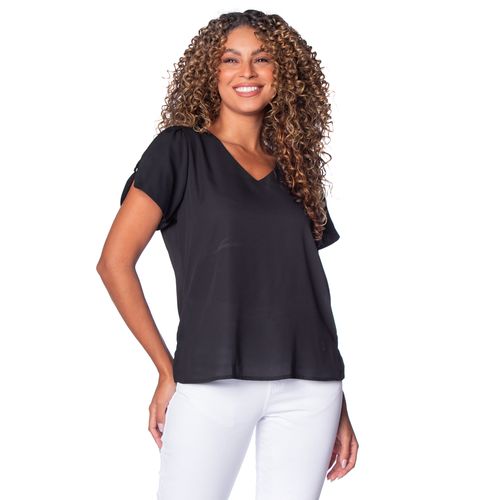 Blusa Feminina Blue Blossom Detalhe na Manga Preto