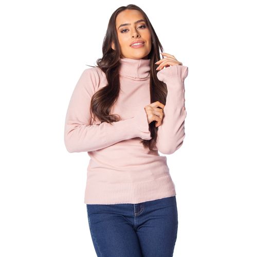 Blusa Feminina Oliveira Malhas em Tricot Gola Alta e Babados Rosa Claro