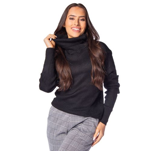 Blusa Feminina Oliveira Malhas em Tricot Gola Alta Dobrável Preto