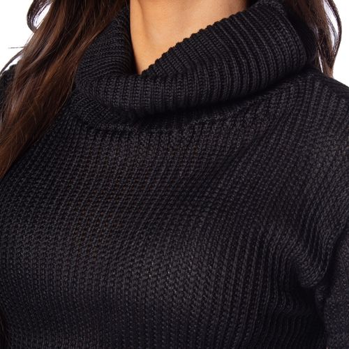 Blusa Feminina Oliveira Malhas em Tricot Gola Alta Dobrável Preto