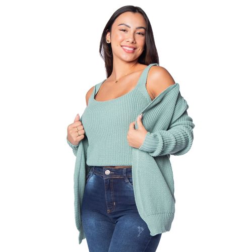 Conjunto Feminino Oliveira Malhas com Cropped e Casaco Verde