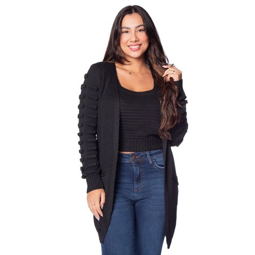 Conjunto Feminino Oliveira Malhas Cropped e Casaco Bolha Preto