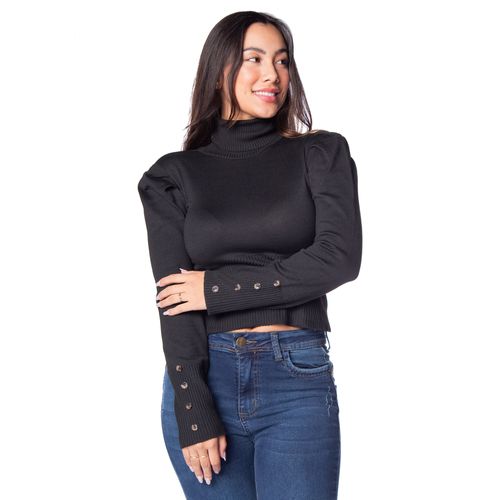 Blusa Cropped Feminina Oliveira Malhas com Gola Alta e Babados Preto