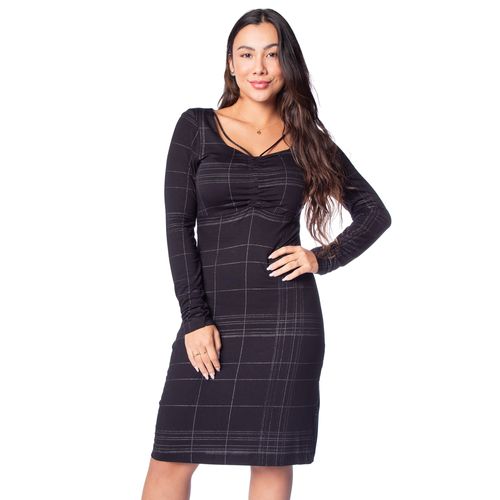 Vestido Feminino Rovitex Manga Longa Xadrex Preto