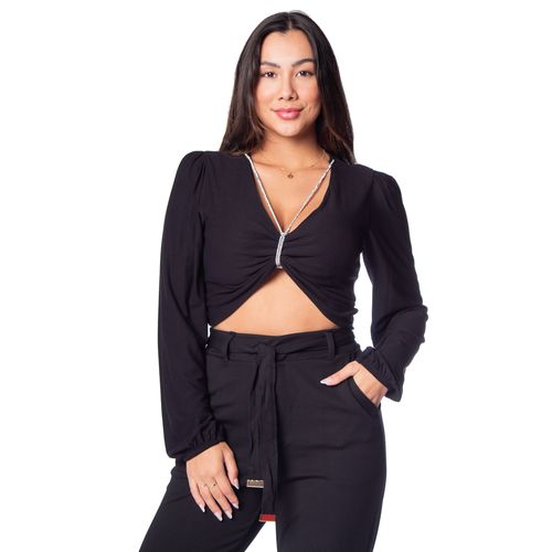 Blusa Cropped Feminina Rovitex Com Tira de Strass Preto