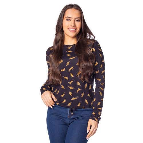 Blusão Feminino Rovitex em Moletinho Onças Preto