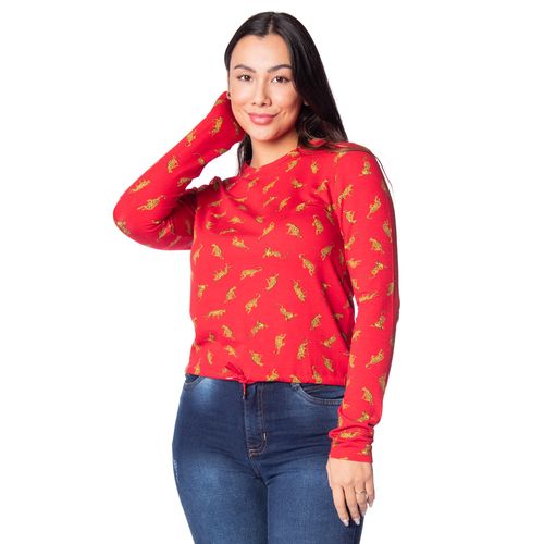 Blusão Feminino Rovitex em Moletinho Onças Vermelho