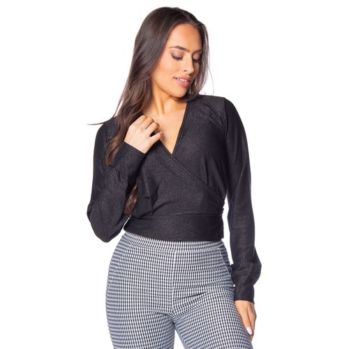 Blusa Cropped Feminina Olho Fatal Transpassada Brilho Preto