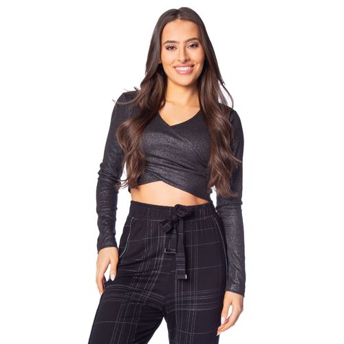 Blusa Cropped Feminina Rovitex Canelada Lurex Preto