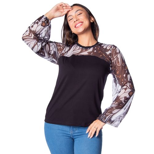 Blusa Feminina Rovitex Endless com Tule Estampado Preto/bege