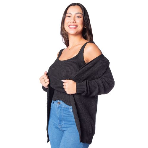 Conjunto Feminino Oliveira Malhas com Cropped e Casaco Preto