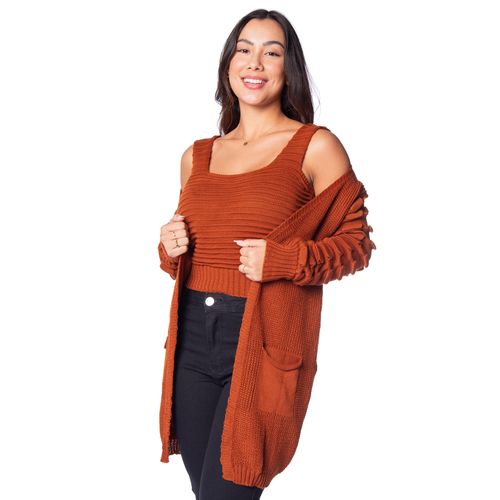 Conjunto Feminino Oliveira Malhas Cropped e Casaco Bolha Marrom