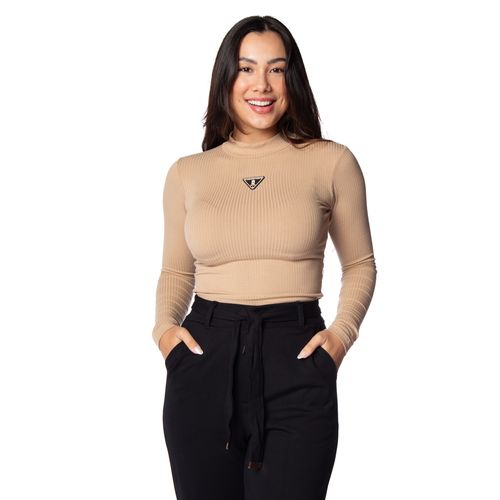 Cropped Feminino Over Surf Canelado Patch Bege