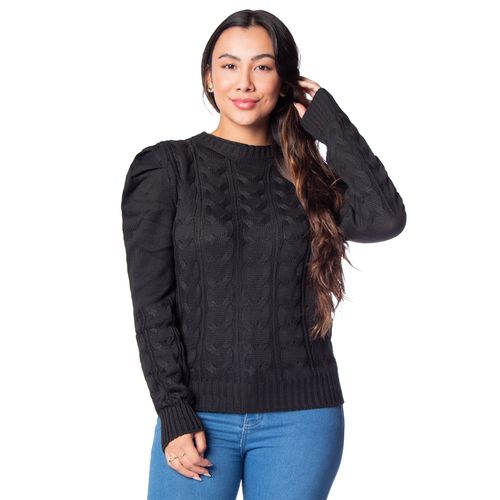 Blusa Feminina Oliveira Malhas em Tricot Mangas Bufantes Preto