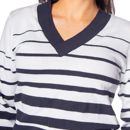 Blusa Feminina Oliveira Malhas Listrada Gola V Marinho/branco