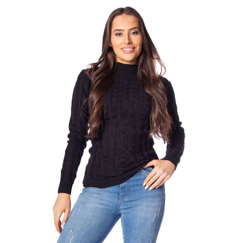 Blusa Feminina Oliveira Malhas com Tranças e Gola Média Preto