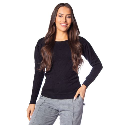 Blusa Feminina Oliveira Malhas Manga Bufante Preto
