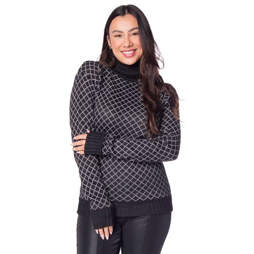 Blusa Feminina Oliveira Malhas Em Tricot Xadrez Preto/branco