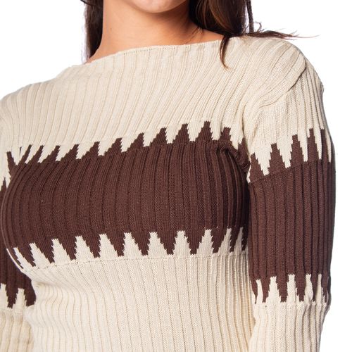 Blusa Feminina Oliveira Malhas em Tricot Canelado Bege/marrom
